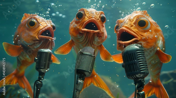 Fototapeta Three funny fish singing underwater into microphones