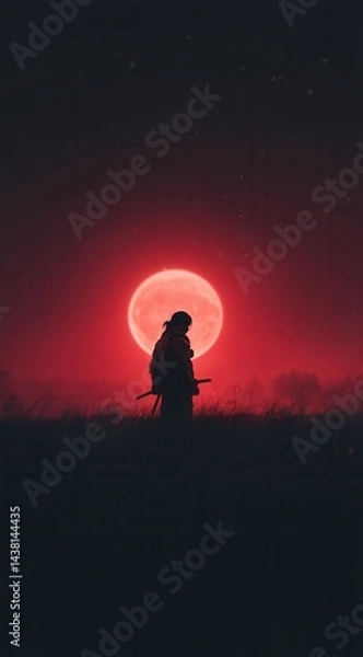 Fototapeta A person standing in a field with a rifle in front of a red moon