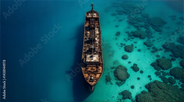 Fototapeta Aerial view of shipwreck in clear turquoise water. Concepts: adventure, shipwreck, marine life, tourism, ocean, exploration. Can be used in travel, adventure tourism, marine conservation.