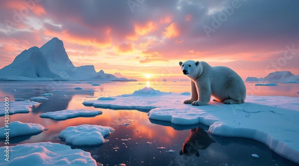 Fototapeta Polar bear on ice in frozen landscape at sunset. Concepts: wildlife, nature, conservation, climate change, arctic, endangered species. Can be used in wildlife conservation, environmental awareness, na