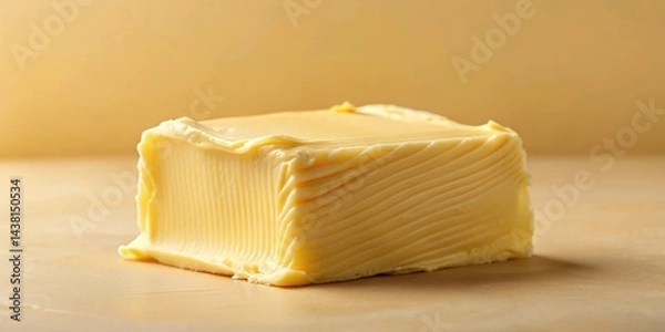 Fototapeta A single block of fresh butter with a smooth, creamy texture and intricate swirls, ready for baking or spreading on toast.