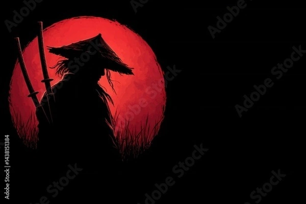 Fototapeta A silhouette of a samurai holding two swords in front of a red sun