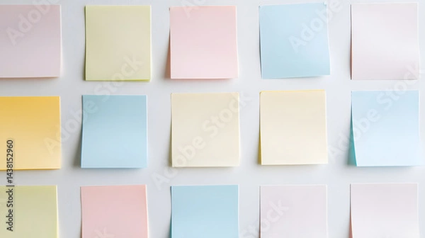 Fototapeta Organized sticky notes grid on white wall office space visual content minimalist environment overhead view creative organization