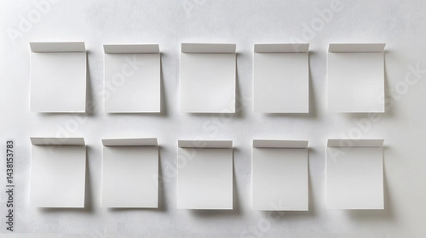 Fototapeta Creative display of sticky notes arranged in grid on white wall minimalist style soft aesthetic setting