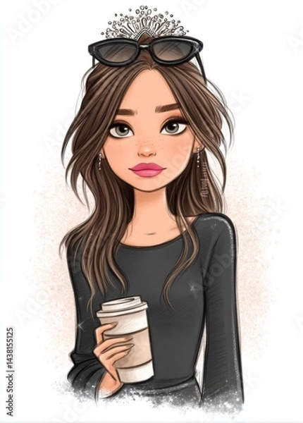 Fototapeta A girl with a crown and sunglasses holding a cup of coffee