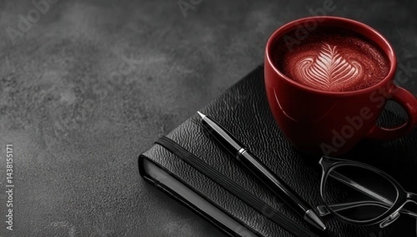 Fototapeta A cup of coffee and a pen on top of a notebook