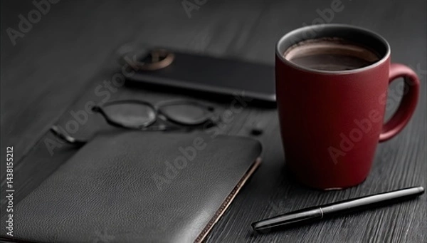 Fototapeta A cup of coffee next to a notebook and a pen