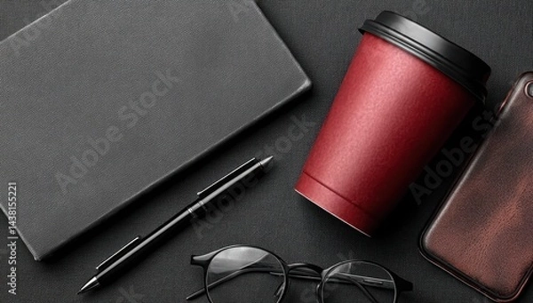 Fototapeta A cup of coffee, a pen, glasses, and a notebook on a table