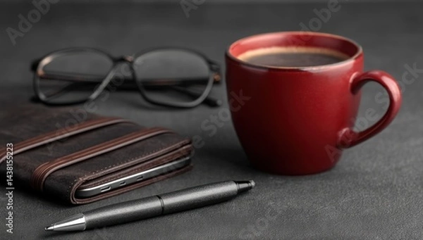 Fototapeta A cup of coffee, a pen, a wallet, and a pair of glasses on a table