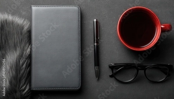 Fototapeta A cup of coffee, a pen, glasses and a wallet on a table