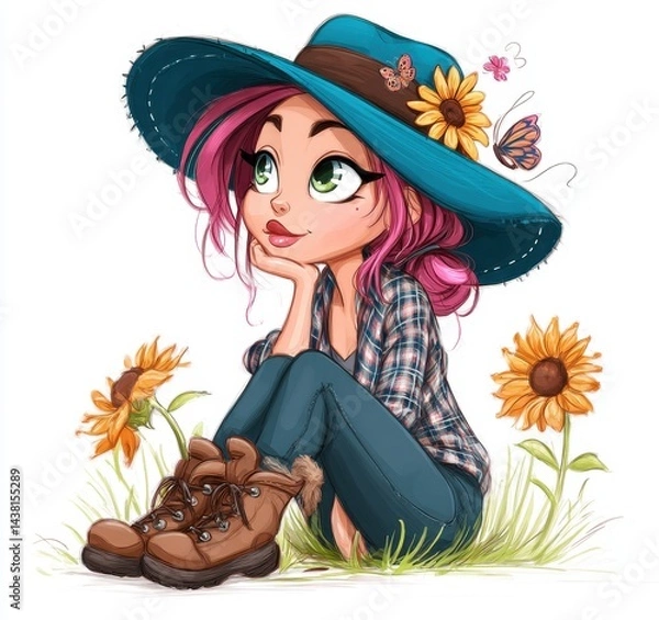 Fototapeta A girl sitting in the grass with a hat and boots