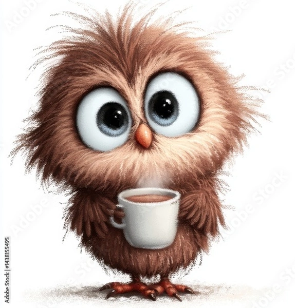 Fototapeta A brown owl holding a cup of coffee
