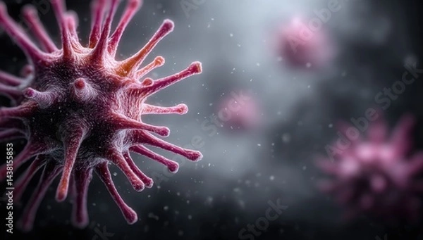 Fototapeta a close up of a pink coronavirus on a black background