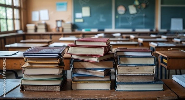Obraz Textbooks stacked on a wooden desk in classroom background