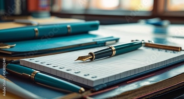 Obraz Writing pad with a fountain pen on student desk background