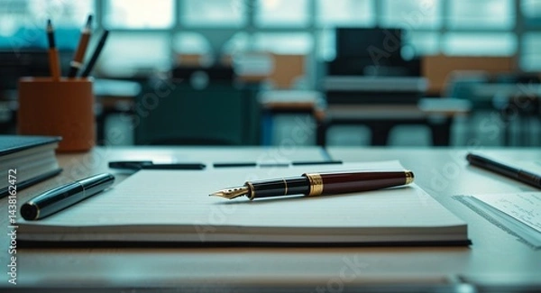 Obraz Writing pad with a fountain pen on student desk background