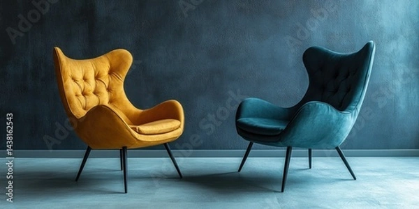 Obraz Stylish abstract artwork in a minimalist setting, featuring two modern chairs with geometric patterns and vibrant colors. The chairs contrast beautifully against the monochrome background,