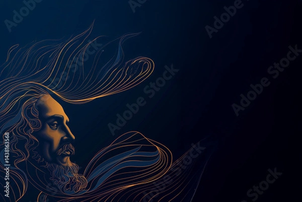 Fototapeta Portrait de William Shakespeare en art linéaire vectoriel doré sur fond bleu nuit avec espace négatif copyspace, style artistique classique inspiré de la littérature et du théâtre de la Renaissance