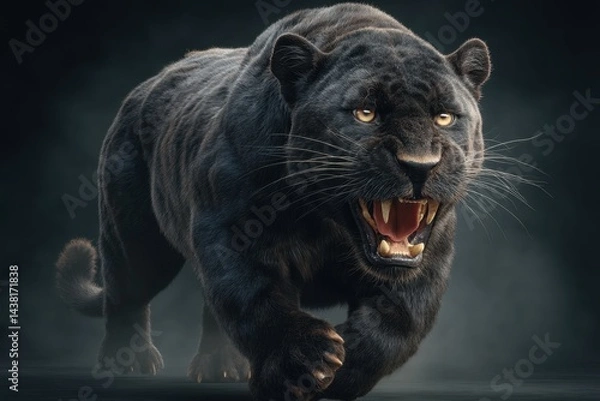 Fototapeta A black panther with its mouth open on a dark background