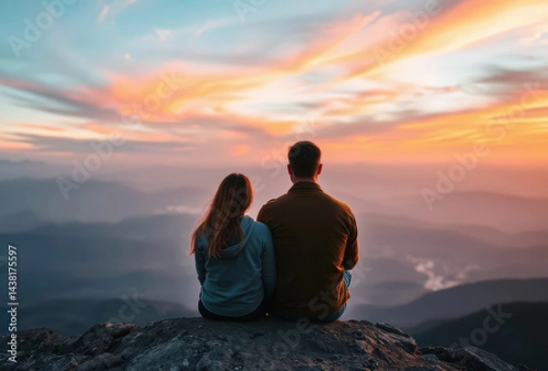 Fototapeta couple sits alone on rocky mountain peak with back view of vibrant sunset sky and distant valleys, creating peaceful and romantic atmosphere in nature.