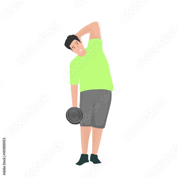 Obraz A young man is exercising lifting weights while doing stretching movements