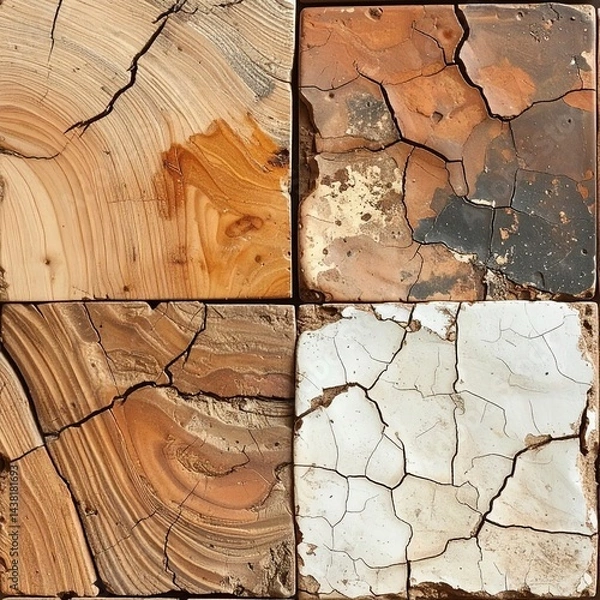 Fototapeta Wabi sabi surface texture cracked wood aged ceramics rustic earth tones seamless high resolution
