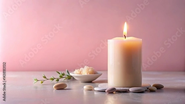 Fototapeta A single lit candle surrounded by smooth stones and a sprig of greenery on a light grey surface with a pale pink background