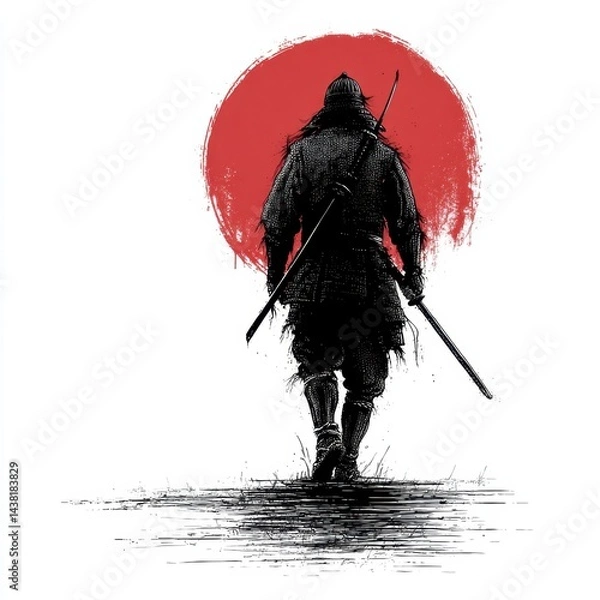 Fototapeta A silhouette of a samurai walking with two swords in front of a red sun