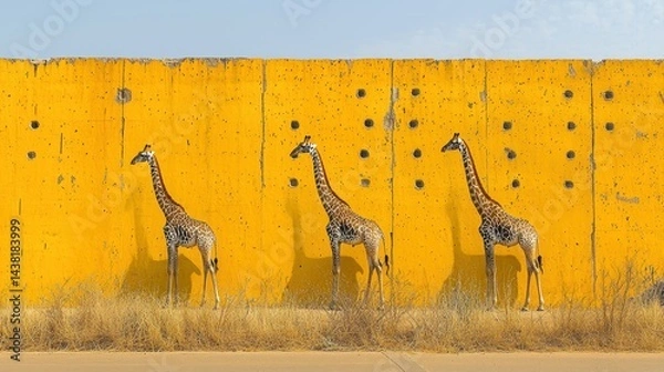 Fototapeta Three giraffes standing in front of a yellow wall