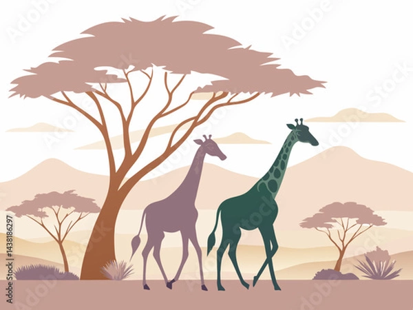 Fototapeta Graceful giraffes walking across the savannah, acacia trees silhouetted in the background, flat vector design