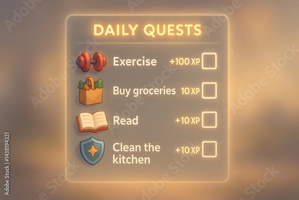 Obraz Daily Quests: A visually engaging graphic highlighting everyday tasks presented in a glowing, elegant style, featuring icons representing exercise, grocery shopping, reading, and cleaning.