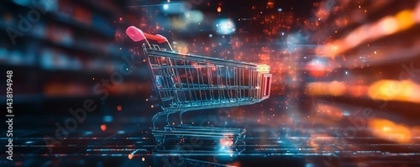 Fototapeta A futuristic floating holographic shopping cart interface showcasing advanced shopping experience in augmented reality.