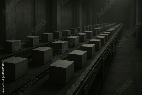 Obraz Industrial Conveyor Belt: A stark, industrial setting with a long conveyor belt carrying numerous gray cubes, showcasing a minimalist, almost abstract design.