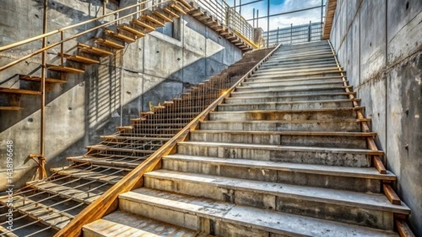 Fototapeta Concrete Staircase Under Construction With Temporary Wooden Supports and Metal Reinforcement