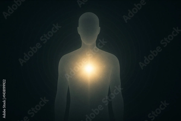 Obraz Inner Radiance: A person's silhouette with radiant energy emanating from their core, set against a dark background, symbolizing inner strength and spiritual vitality.