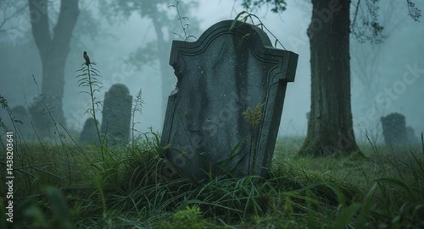 Obraz Broken headstone with overgrown grass and creeping fog background