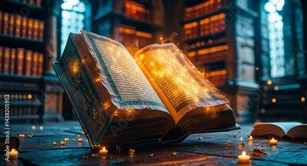 Obraz Eldritch book with glowing pages in ancient library background
