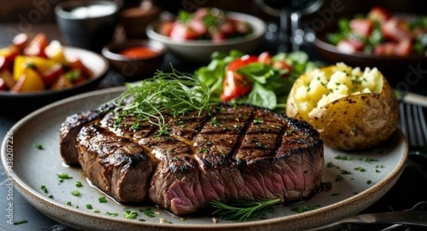 Obraz Grilled steak with baked potato and salad on dinner table background