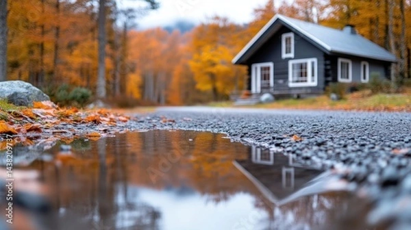 Obraz A quaint cabin nestled in a vibrant autumn forest, serene reflection in a puddle on a gravel path, and peaceful countryside setting.