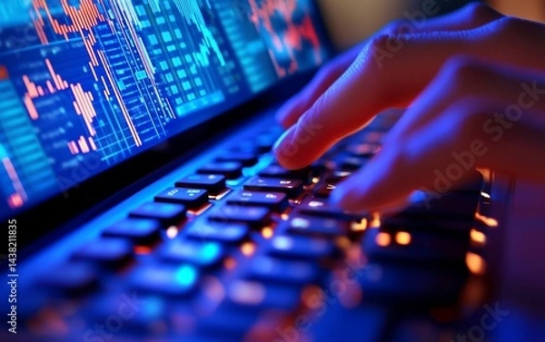 Obraz Hands typing on laptop with financial data