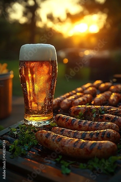 Obraz Golden hour barbecue scene with beer and grilled sausages.