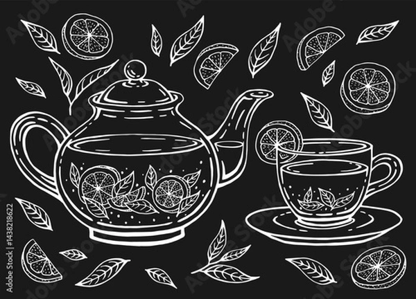 Fototapeta Tea set with healthy green tea, lemon slices, tea leaves. Teapot and cup. Hand drawn