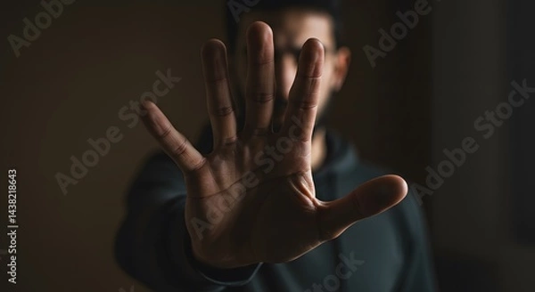 Fototapeta AI image featuring a man in a hoodie showing stop hand gesture towards camera, palm facing forward, blurred dark background.