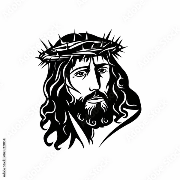 Fototapeta Black and White Vector Illustration of Jesus Christ Carrying the Cross with Crown of Thorns.