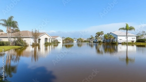 Fototapeta Suburban houses surrounded by floodwaters after tropical storm and hurricane in Florida, severe flooding disaster impacts residential community, aftermath of extreme weather event.