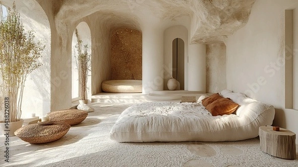 Fototapeta Warm minimalist room featuring organic decor and architectural elements in a calm setting  