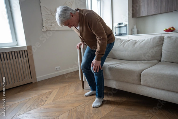 Fototapeta Bent senior painfully straightens legs while gripping swollen knee with degenerative joint disease. Pensioner leaning on sofa, struggle of bone erosion, synovial inflammation, cartilage loss