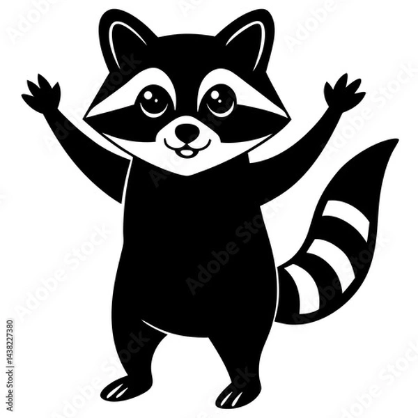 Obraz Cartoon raccoon with raised hands, happy and playful pose