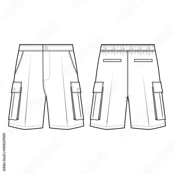 Obraz Technical flat sketch of Bermuda pants. Easywear shorts with cargo-patch pockets. Side pocket, Welt pocket, Pleated pocket. Vector mock up Template. 