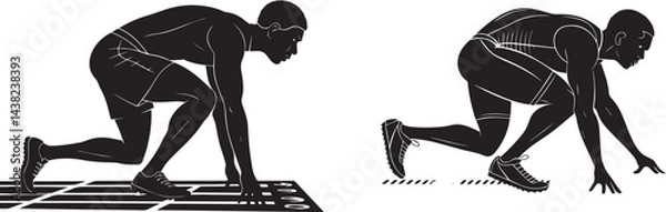 Fototapeta "Athlete crouched at the starting line, intense focus, muscles coiled like a spring, side view silhouette, minimalist vector style."

